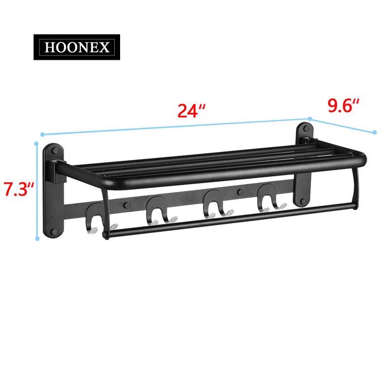 HOONEX Foldable Towel Rack for Bathroom Wall Mounted, with Towel Hooks and Adjustable Towel Bar, 304 Stainless Towel Holder, 24-Inch Bathroom Towel Shelf, Black - Image 4
